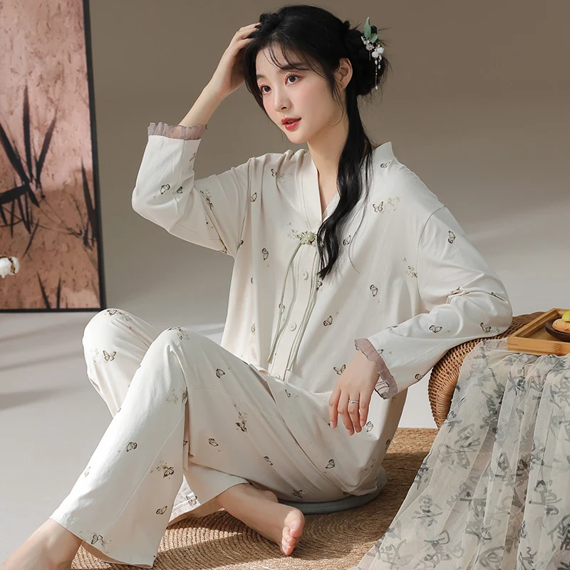 

Осенний женский пижамный комплект, хлопковая женская одежда для сна с длинным рукавом, повседневная мягкая женская пижама, домашняя одежда, ночное белье