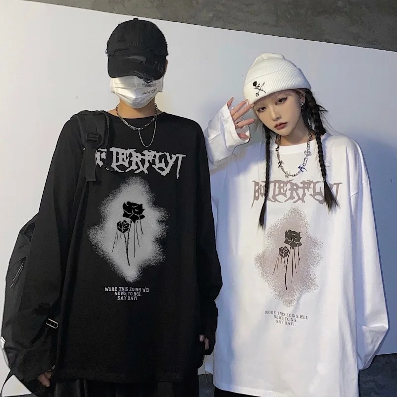 

Gothic Black T-shirt Men's Autumn New Harajuku Ins Couple Women Letter Graffiti BF Loose Tshirts Round Neck Long Sleeve Top