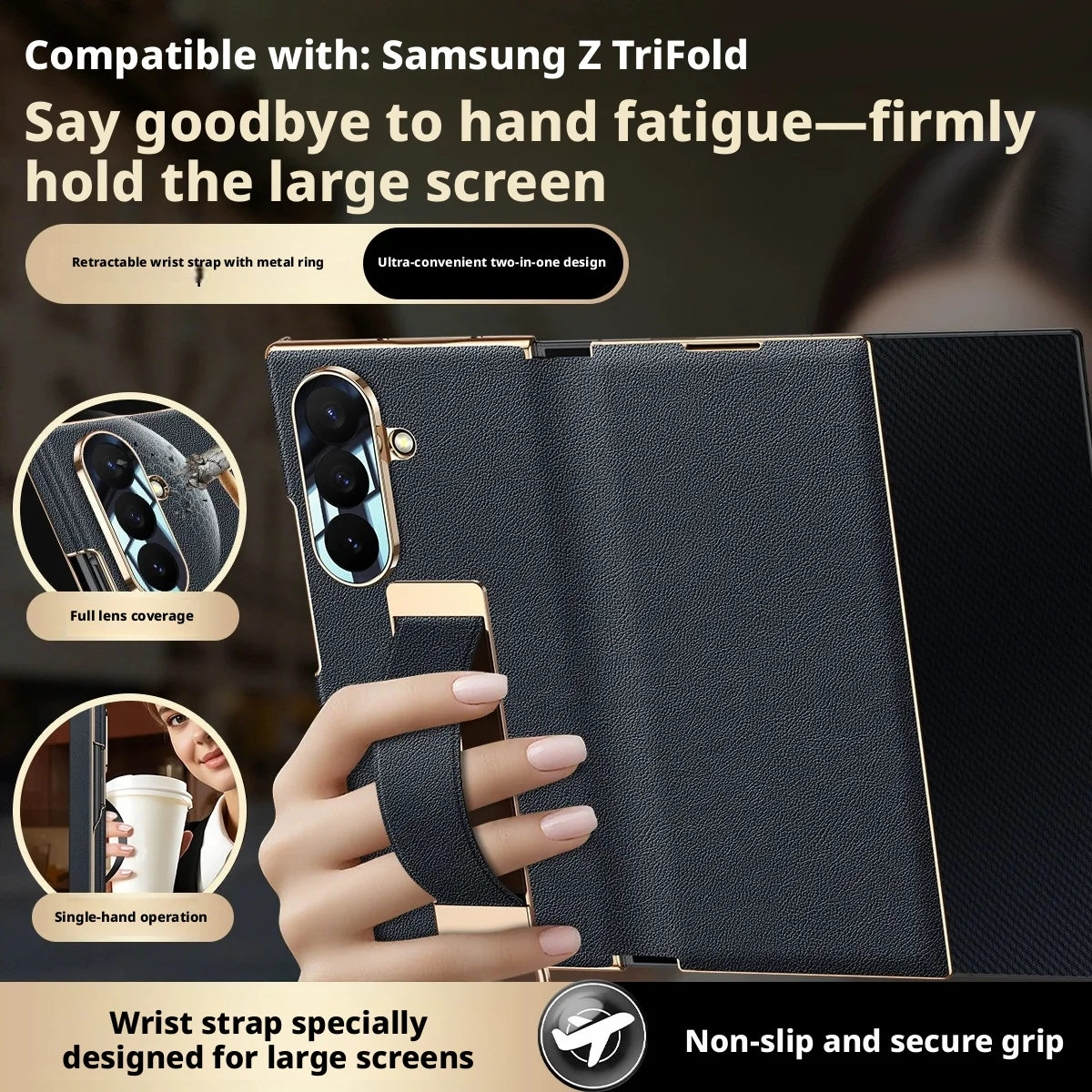 Handheld Wrish Strap Case For Samsung Galaxy Z TriFold Premium Genuine Leather Magnetic Closure Cover Lens Protection Cover