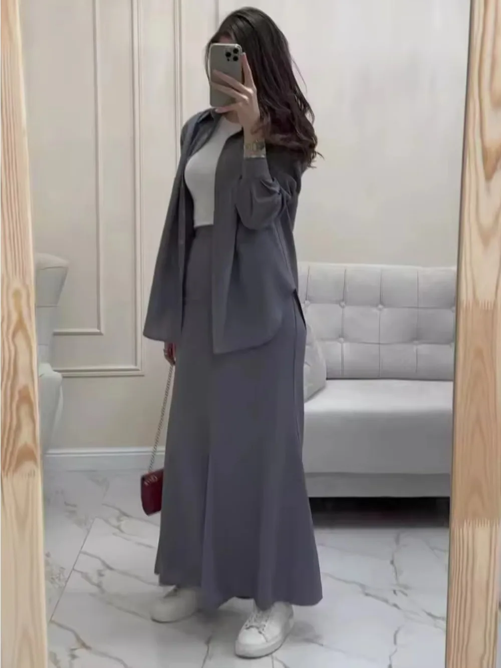 

Muslim Skirt Set Women Dress Sets Two Piece Slim Fit Sexy Turn Down Collar Full Sleeve Shirt Tops Mid Length High Waist Skirt