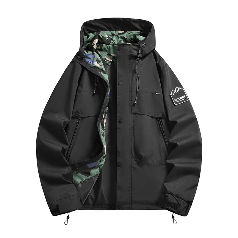 

Casual Camouflage Hooded Jaet Men's Spring Autumn Workwear Lightweight Windproof Zipper Closure Long Sve Faionable Coat