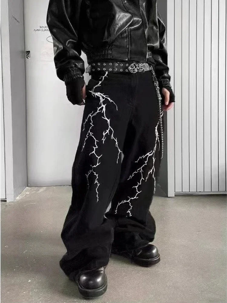 Y2K Fashion Black Baggy Jeans Men Streetwear Straight Oversize Wide‑leg Pants Vintage Lightning Pattern Loose Denim Trousers