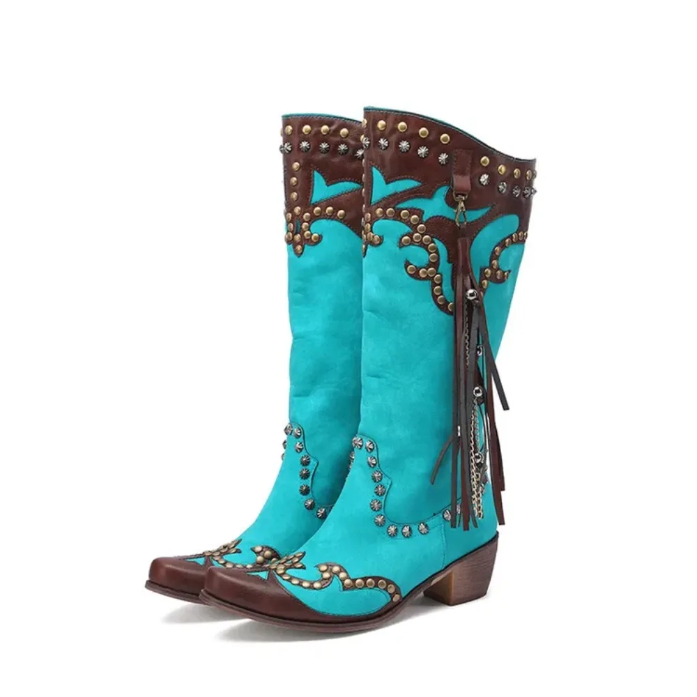 Knee High Boots Woemn Designer Brand Luxury Pointed Toe Inner Zipper Thick High Heels Embroidered Western Cowboy Boots 0K200