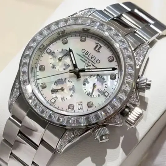 OBLVLO Men Chronograph Watch 40mm Quartz Wristwatch Waterproof Sapphire Mirror Luminous Crystal Bezel VK63 Mov