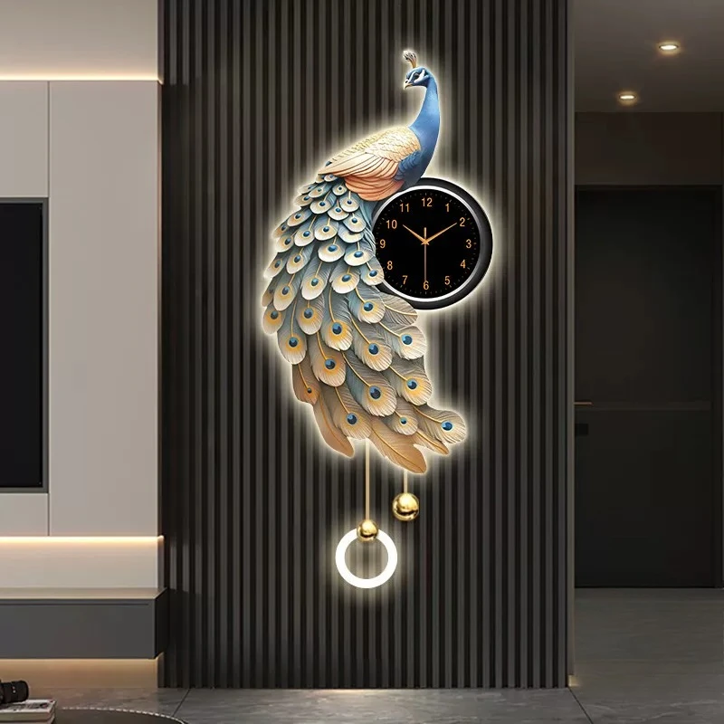 High-end Living Room LED Wall Clock Restaurant 3D Peacock Decorative Painting Clock Creativity Mute Watch Wall Lamp Home Decor