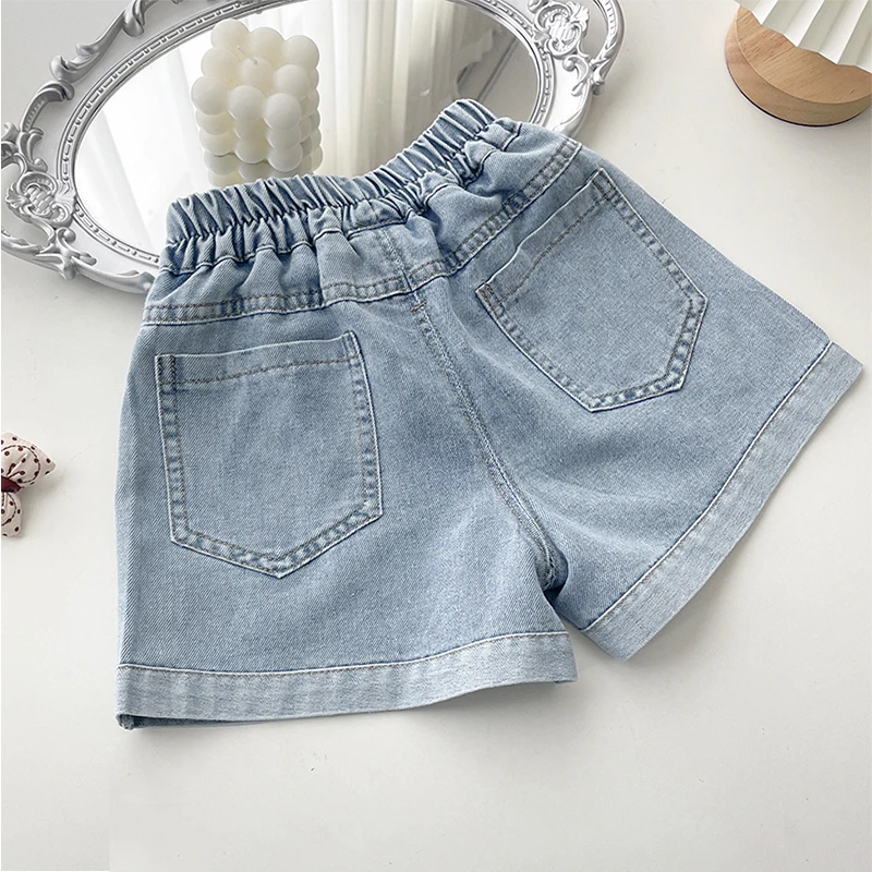 Girls' Denim Shorts Summer New Children's Korean Style Thin Fashion Rhinestone Love Shorts Outer Wear Beach Hot Pants