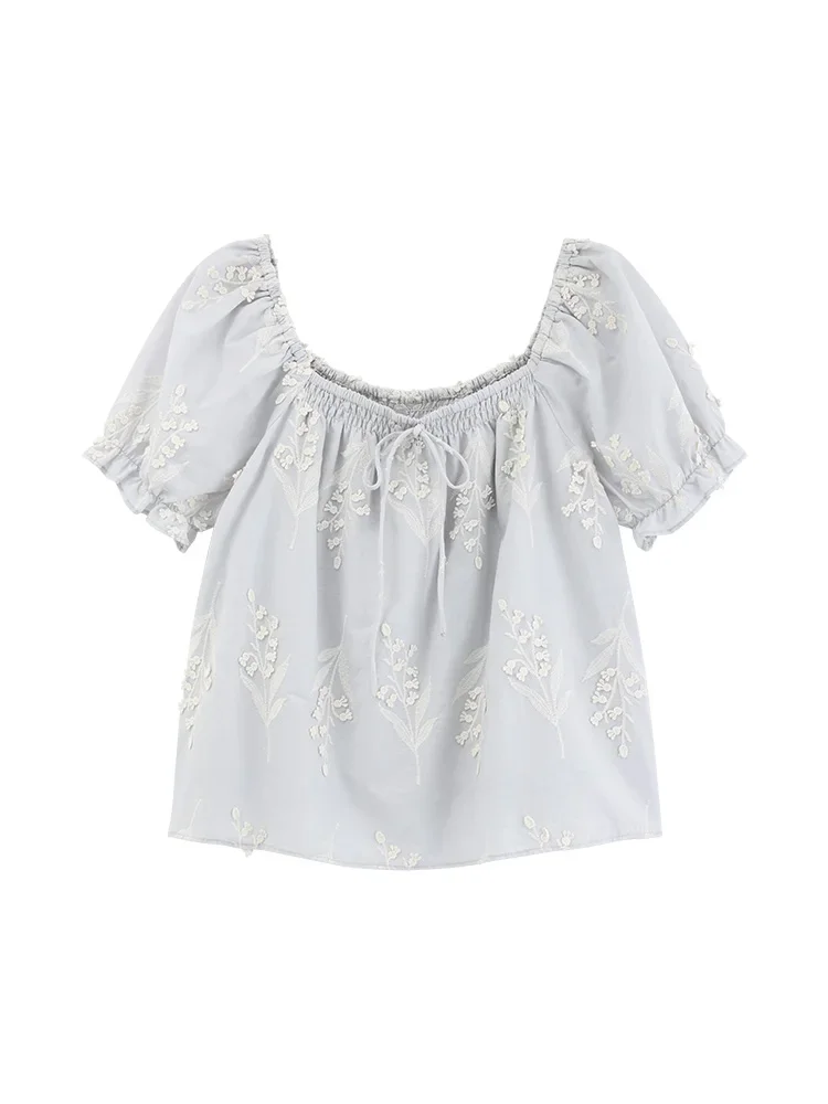 Women Elegant Square Neck Puff Sleeve Blouse Embroidered French Style Short Sleeve Shirt Chic Summer Pullover Top for Daily Wear
