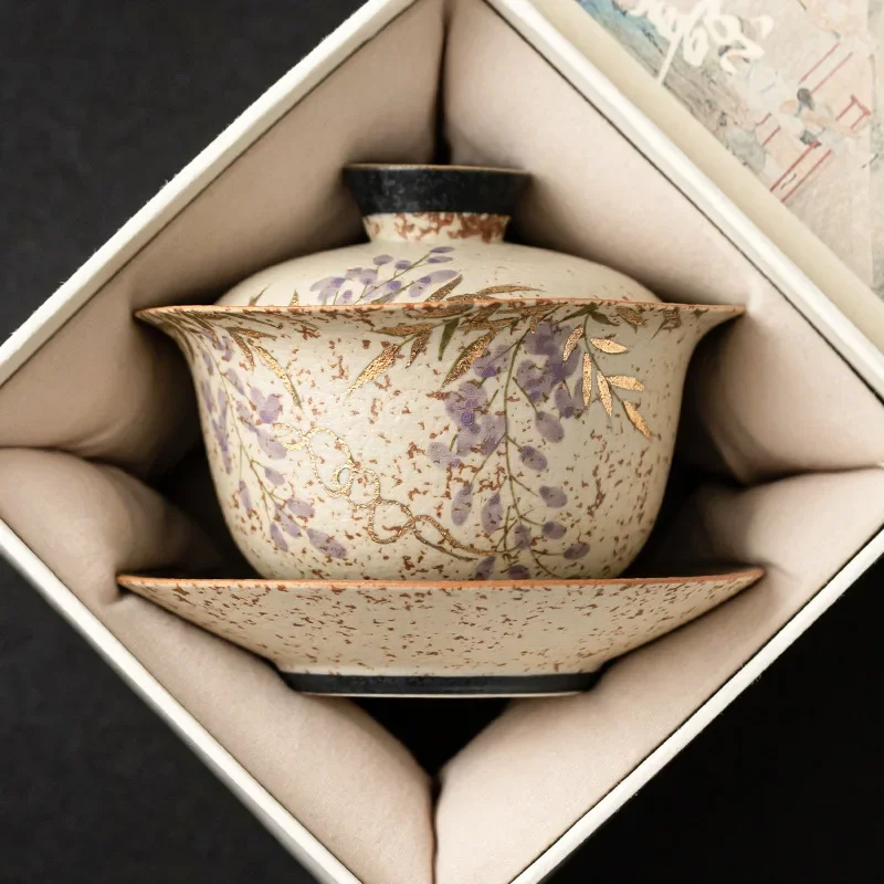 1Pcs 135ML Blue and White Flint Red Cover Bowl Gold-painted Wisteria Flower High-end Three-talented Tea Bowl Kung Fu TeaSet Gift
