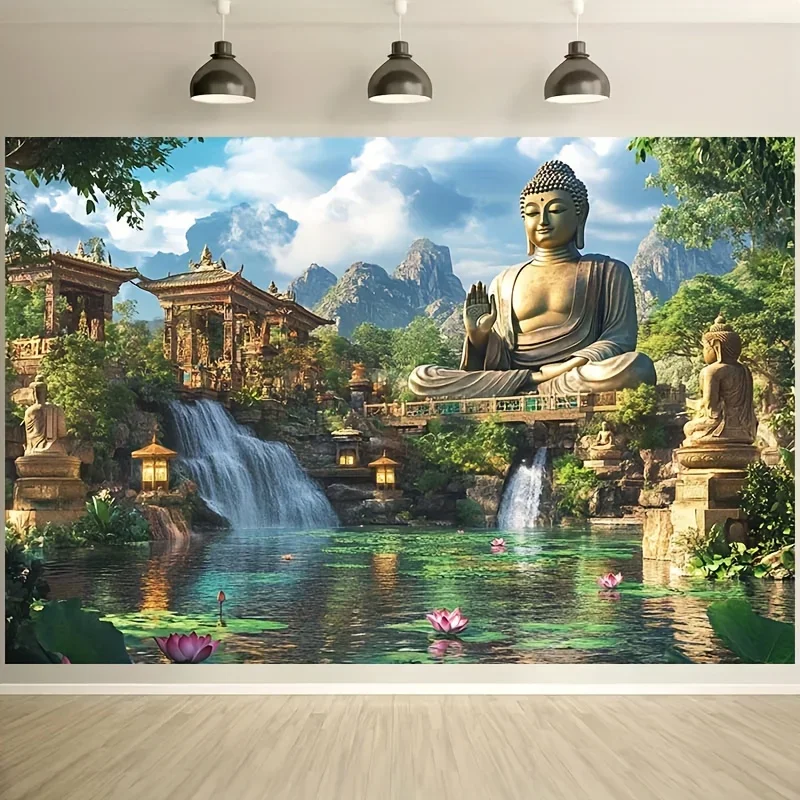 Tapestry Wall Decor Tapestry Curtain Mountain Buddha Serene Landscape Temple Waterfall Zen Living Room Bedroom Decor