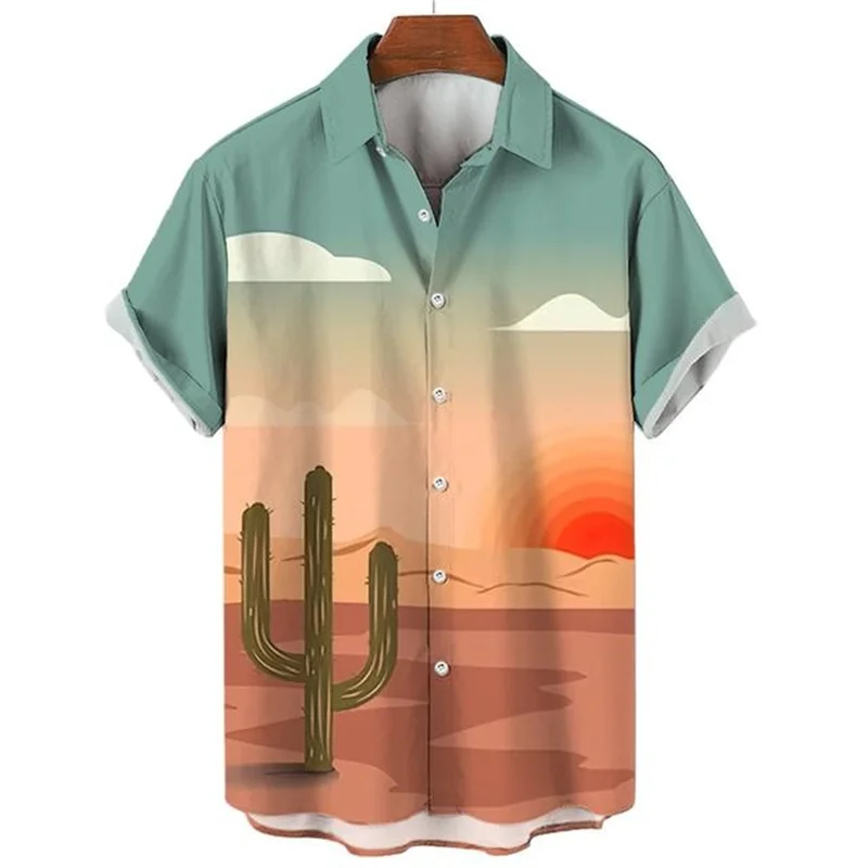 Cactus Desert Landscape 3d Print Shirts Men Fashion Shirt Short Sleeve Casual Shirts Single-Breasted Shirt Men\'s Clothing