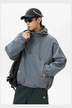 Man Trench Coat Man  New Japanese Style Outdoor Trend Waterproof Hooded Half Zip Unisex Design for Daily Wear Long Men´s Coats 5