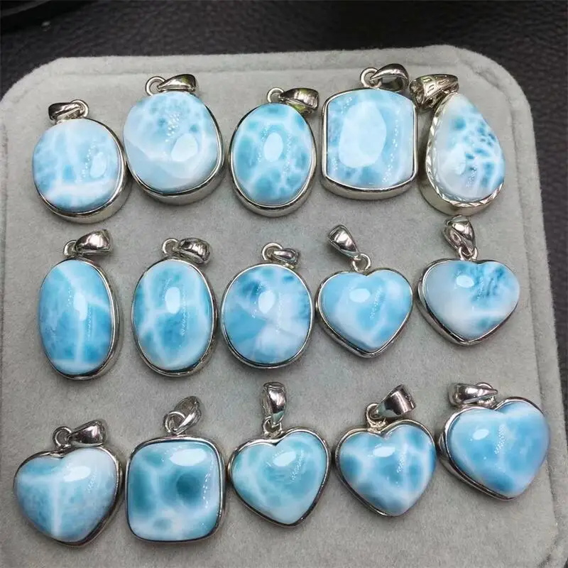 S925 Natural Larimar Heart Pendant Crystal Stone Hand Made Carved Crystal Fashion Carved Figurine Gifts