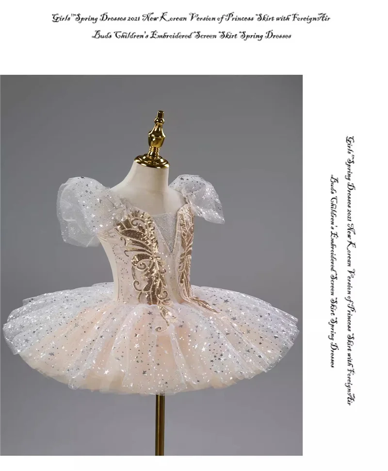 Romantisches Kinder-Ballett-Tutu-Kleid Mädchen-Tanzrock Goldener Pailletten-Ballettrock Aufführungskleidung Kinder Langes Prinzessinnenkleid – Detail 9