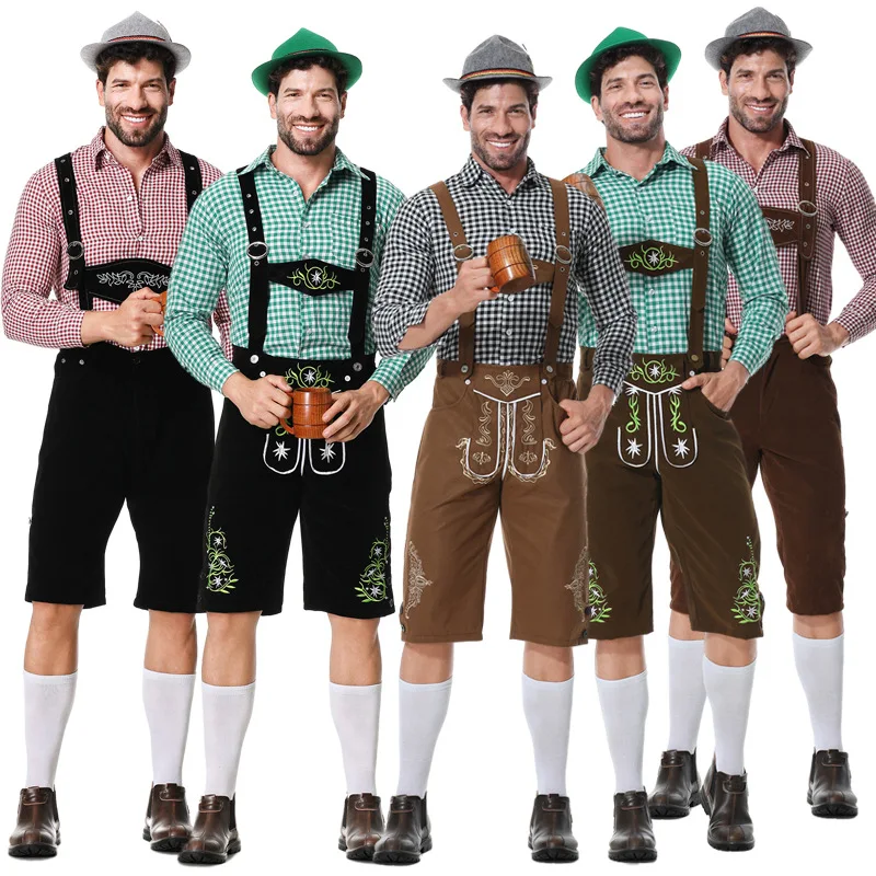 

Мужской баварский традиционный костюм Мюнхен, Октоберфест, клетчатая рубашка, подтяжки, брюки, праздничная одежда