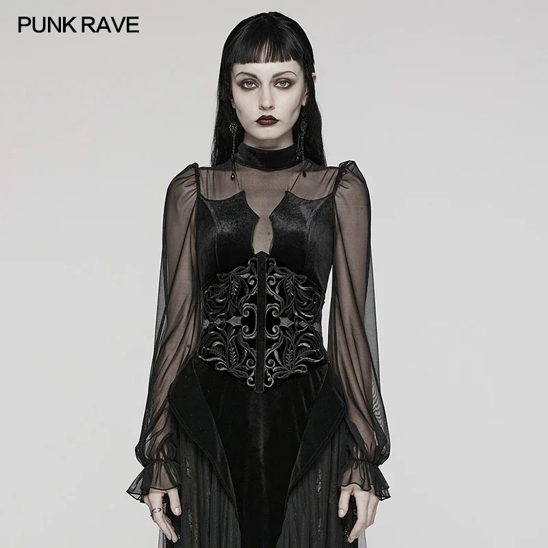 PUNK RAVE Women\'s Gothic Velveteen Embroidery Totem Retro Corset Adjustment Velvet Ribbon Drawstring Accessories Belt 2 Colors