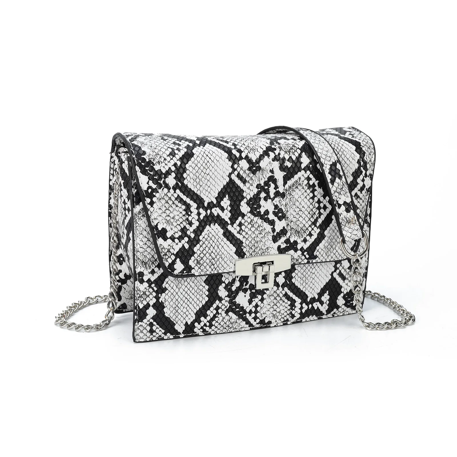 Feminine PU Snakeskin Pattern Bag with Metal Chain Accent