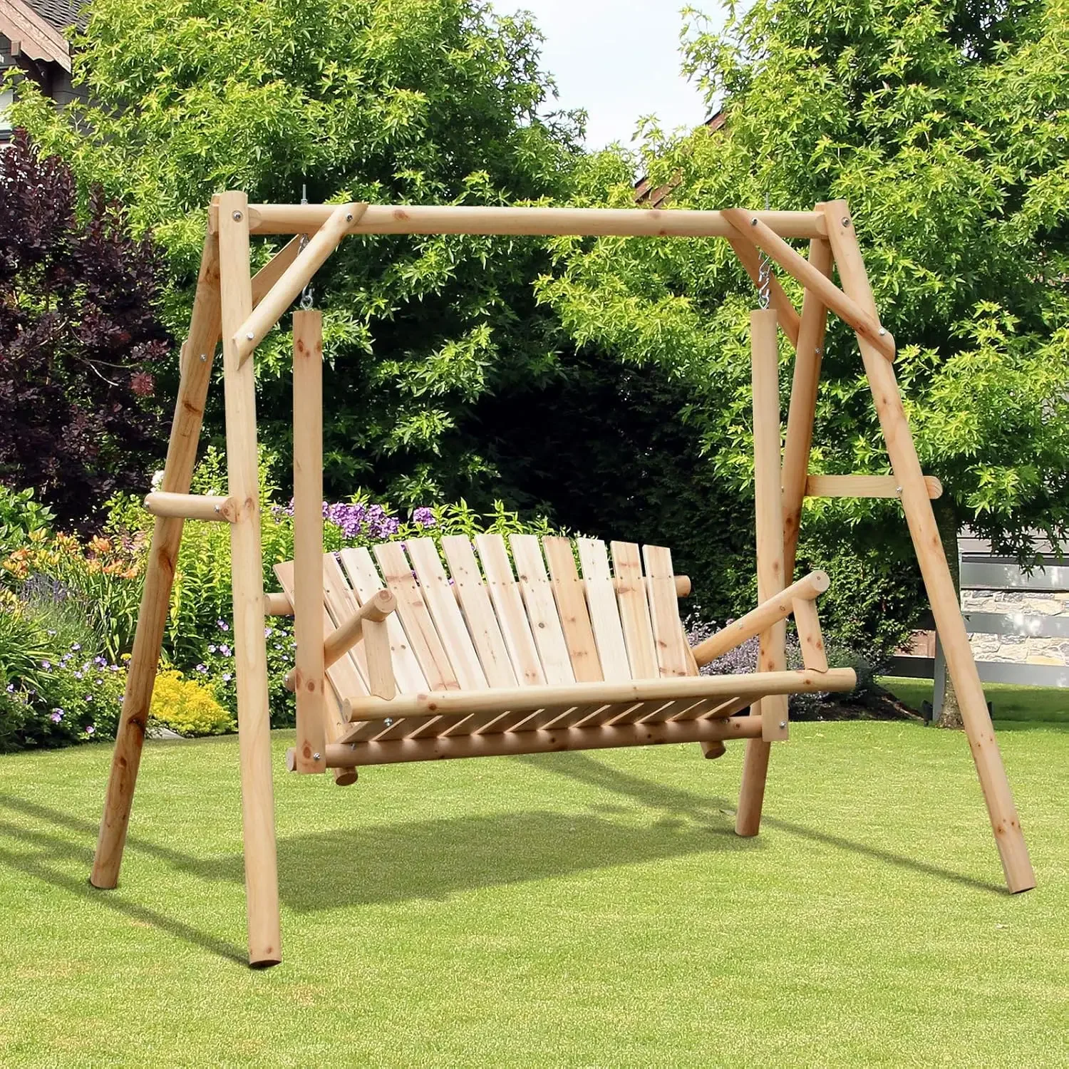 Out sunny 2-Sitzer Veranda Schaukel mit Ständer, Holz Terrasse Schaukel Bank, für Garten, Pool, Garten, natürlich