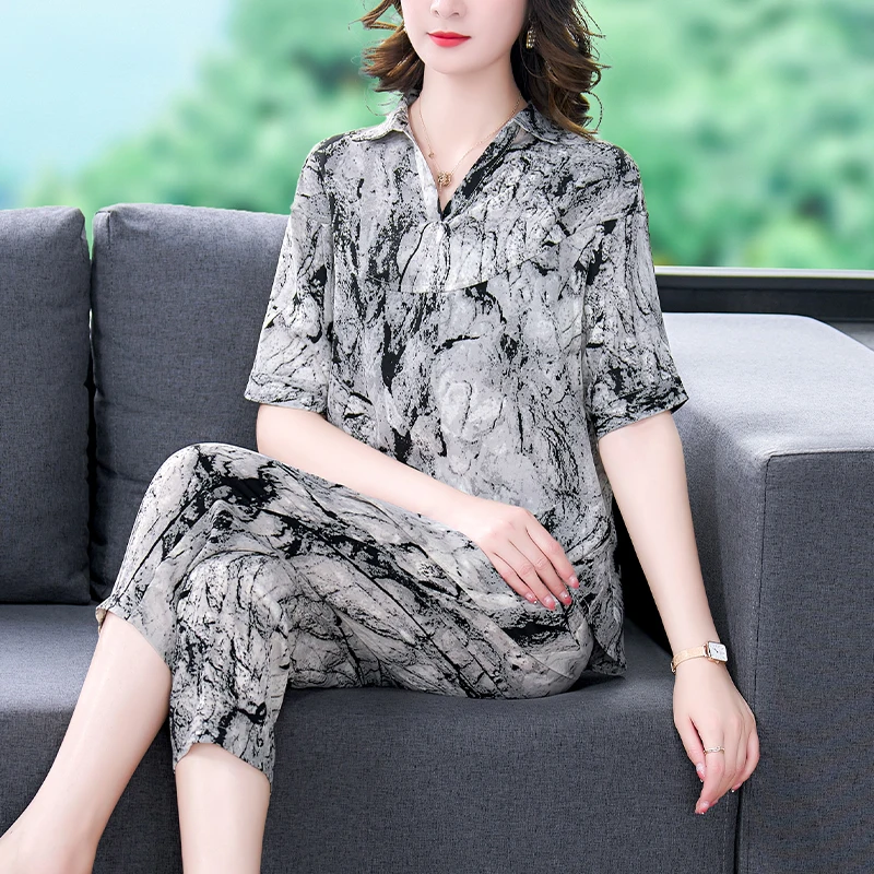 

Stripe Black Silk Pants Loose Sets Summer Batwing Sleeve Casual Two Pieces Sets 2024 Women Elegant Vintage Party Ladies Suits