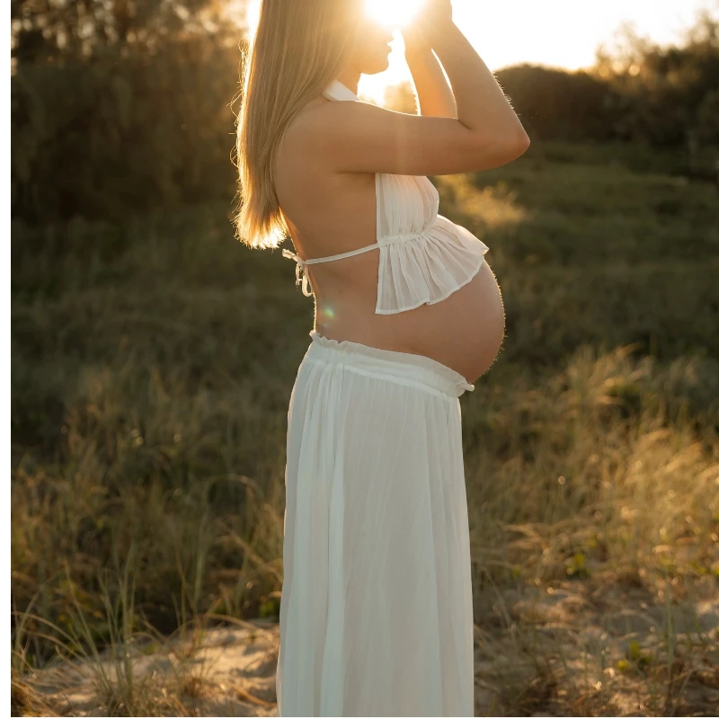 

Two-Piece Dress Maternity Photography Dress For Baby Showers V-neck Backless Hanging Neck Pregnant Women Photo Shoot Clothes