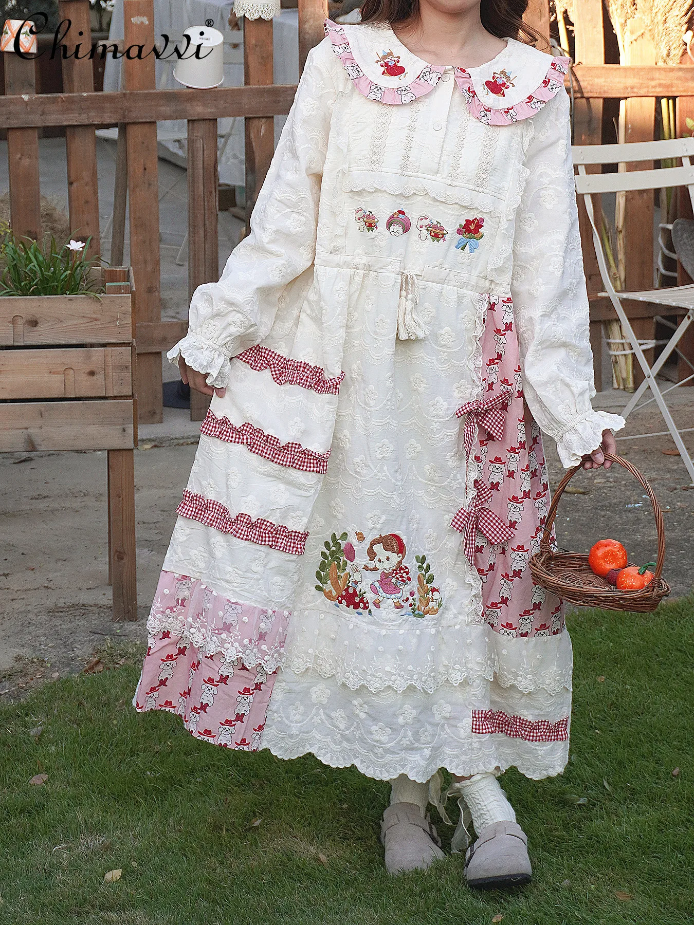 

Winter Fleece-Lined Fashion Exquisite Embroidered Lace Fairy Dress Waist-Cinching Girl Fairy Temperament Long Princess Dress