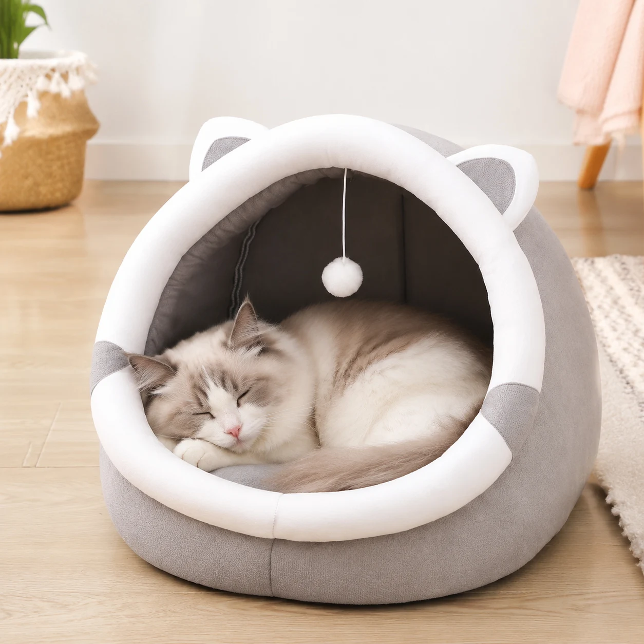Cama para Gatos, Cálida y Acogedora, Plegable, Desmontable y Lavable, Mueble para Mascotas de Interior con Juguete Colgante