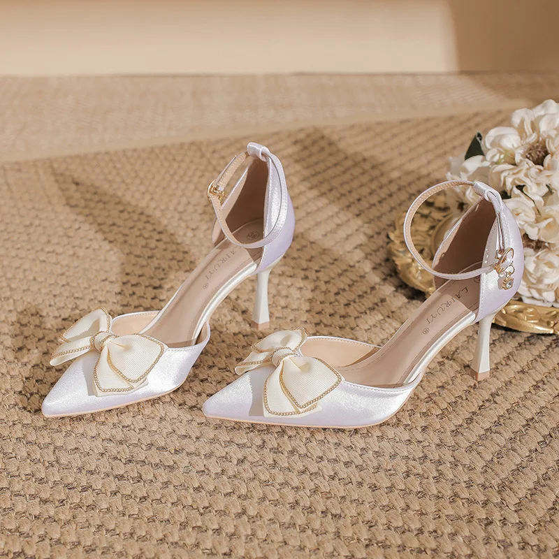 

Size 31-44 Hollow Satin Women's Shoes Thin Heel Pointed Toe High Heels Bow Shoes