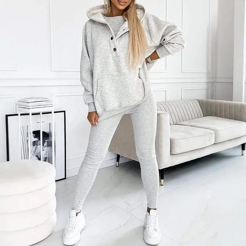 

Women's Sports Hooded Sweatshirt Vest Pants Three Piece Set Long Sleeve Nine Point Pants Winter Fashion Outfit Casual Style