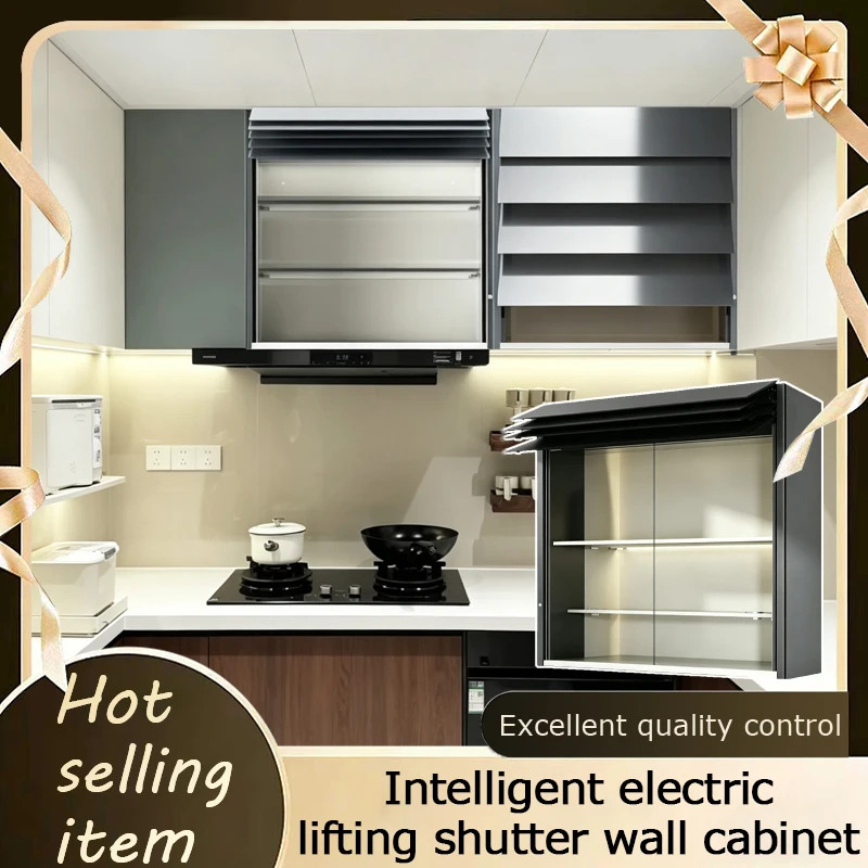 Intelligent Touch Control Flip Up Louvre Glass Door Kitchen Wall Hanging Cabinet With Automatic Lift And Sensor Storage Rack