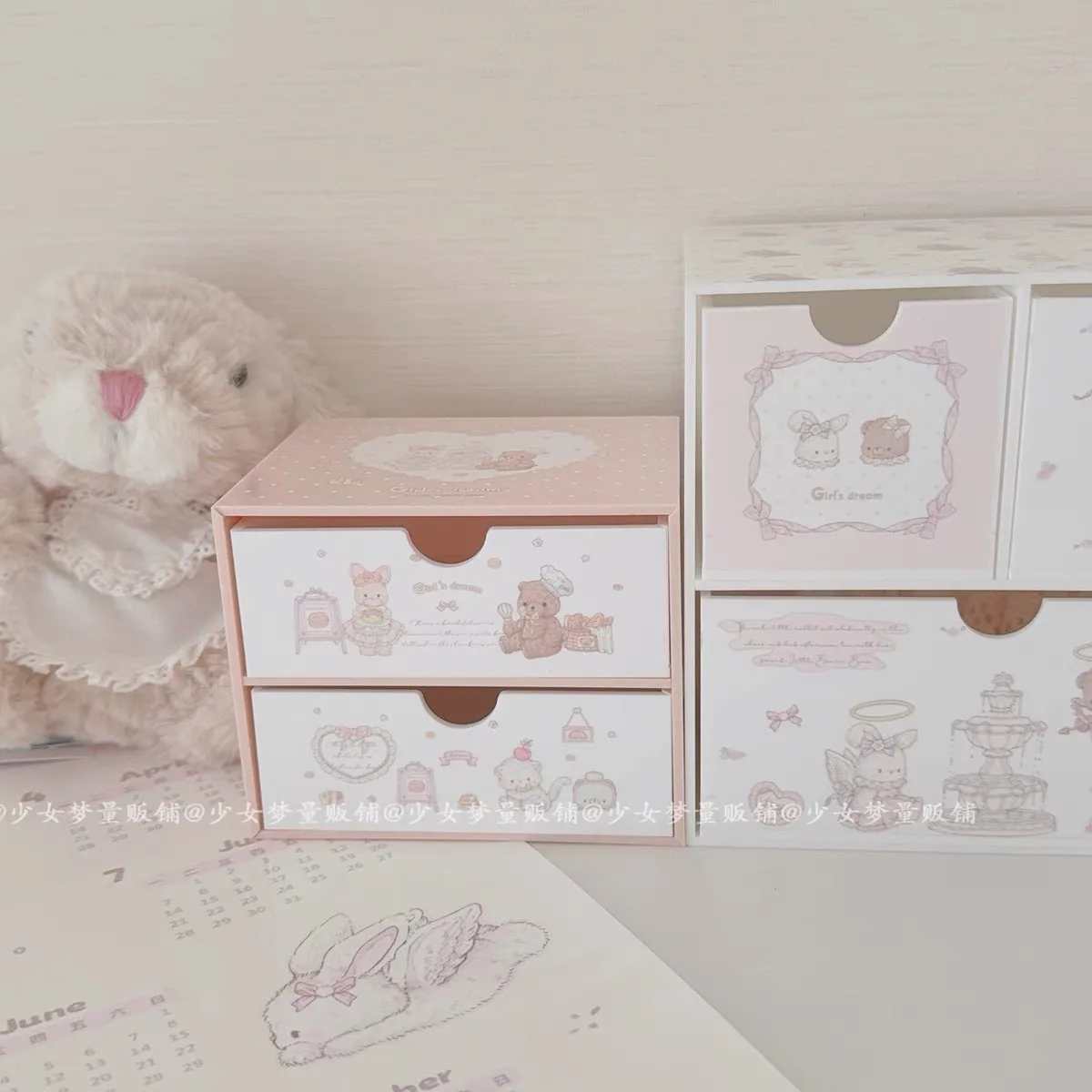 Desktop Cartoon Cosmetics Storage Box Desktop Organizer with Drawers Pen Holder Stationary Storage Rack for Office Desks