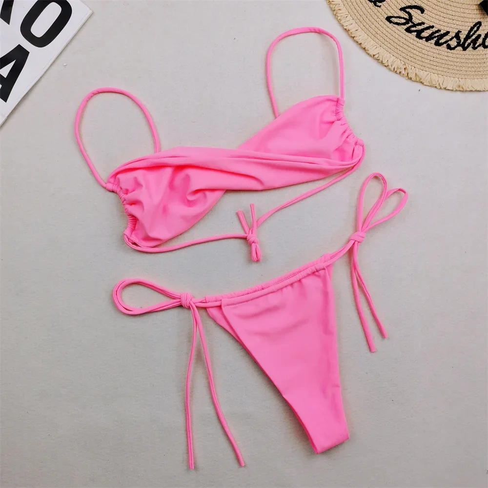 Roze Bikini String Twist Micro String Backless Sexy Badpak Aparte Y 2K Trend Badmode Strand Badpak Vakantie Outfit Vrouw