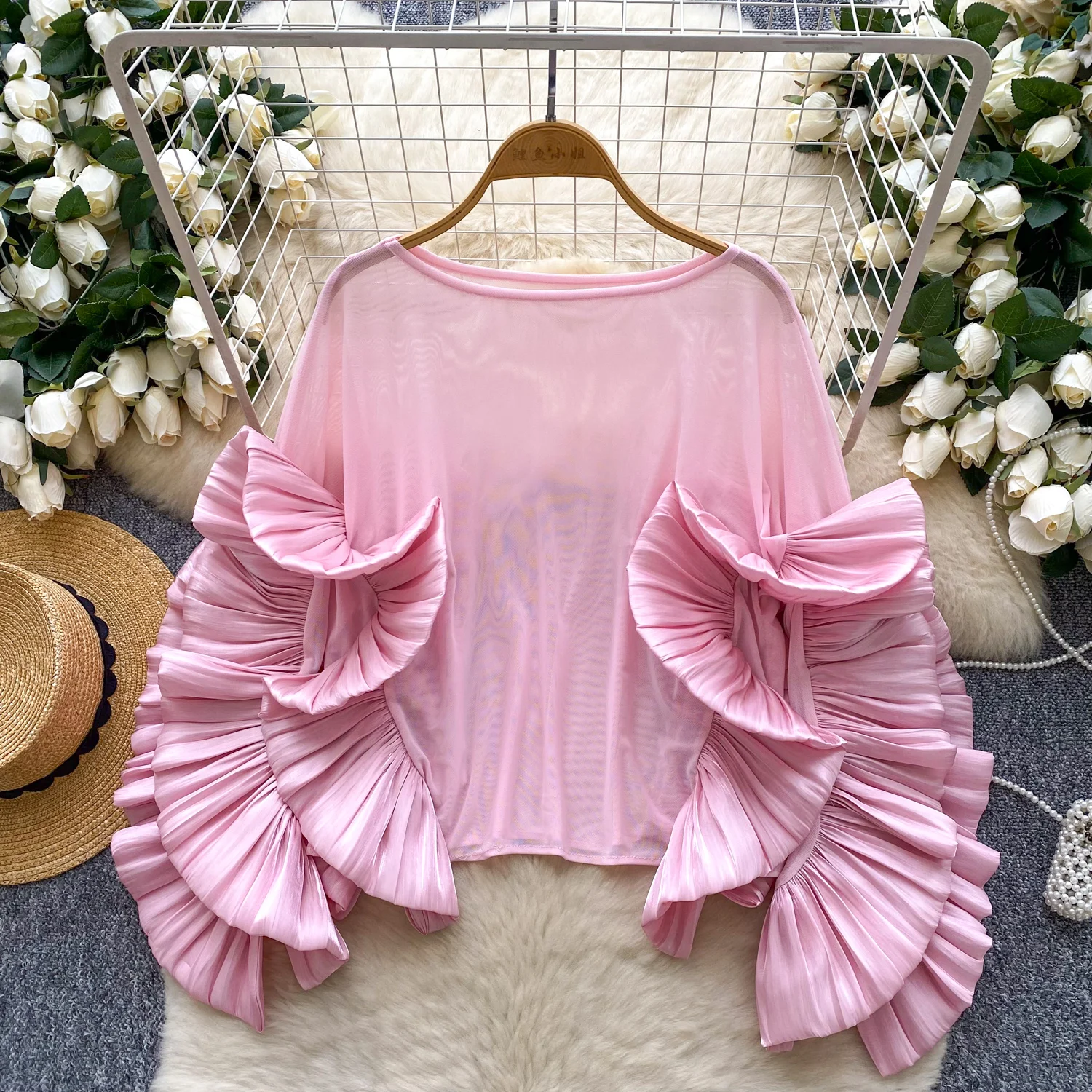 

Chic ruffle loose blouse Sexy blouse Basic Tees Fashion Women Streetwear hotsweet women clothing