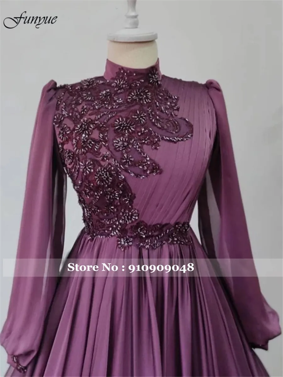 Funyue Long Sleeves Muslim Formal Dress Women High Neck Arabic Evening Party Ball Gowns Beads Chiffon Robe De Soiree Femmes