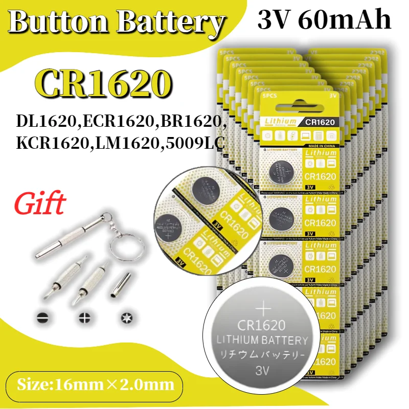 

CR1620 3V Lithium Battery - for Watches, Car Key Fob, Calculator, Scales - Replaces DL1620, BR1620 - Button Cell Coin Cells