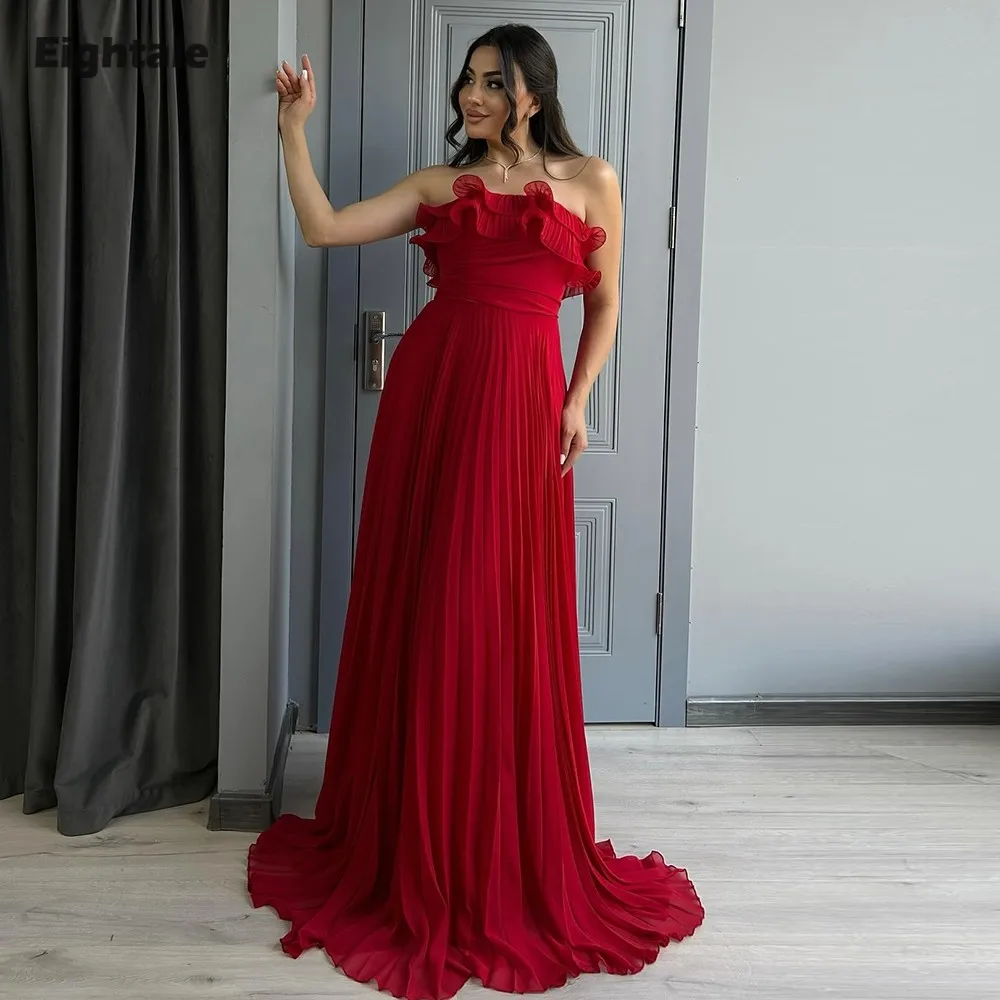 Eightale アラビア語イブニングドレス ストラップレス カスタマイズプリーツ Aライン レッドシフォン セレブリティ プロム ウェディングパーティードレス