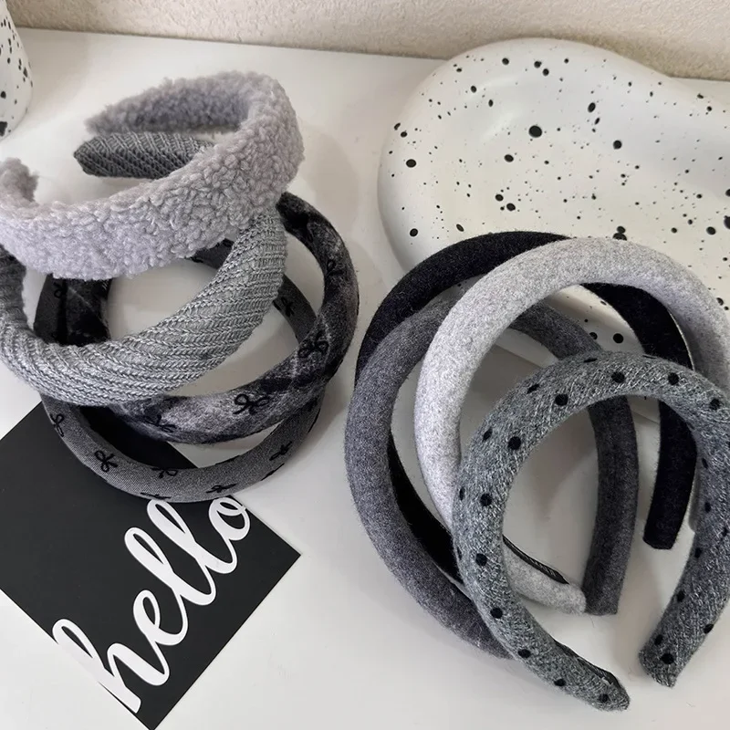 Grey Series Headbands Retro Knitted Bow Wide Hair Band for Woman Girl Elegant Hair Hoop Lady Winter Fashion Hair Accessories New