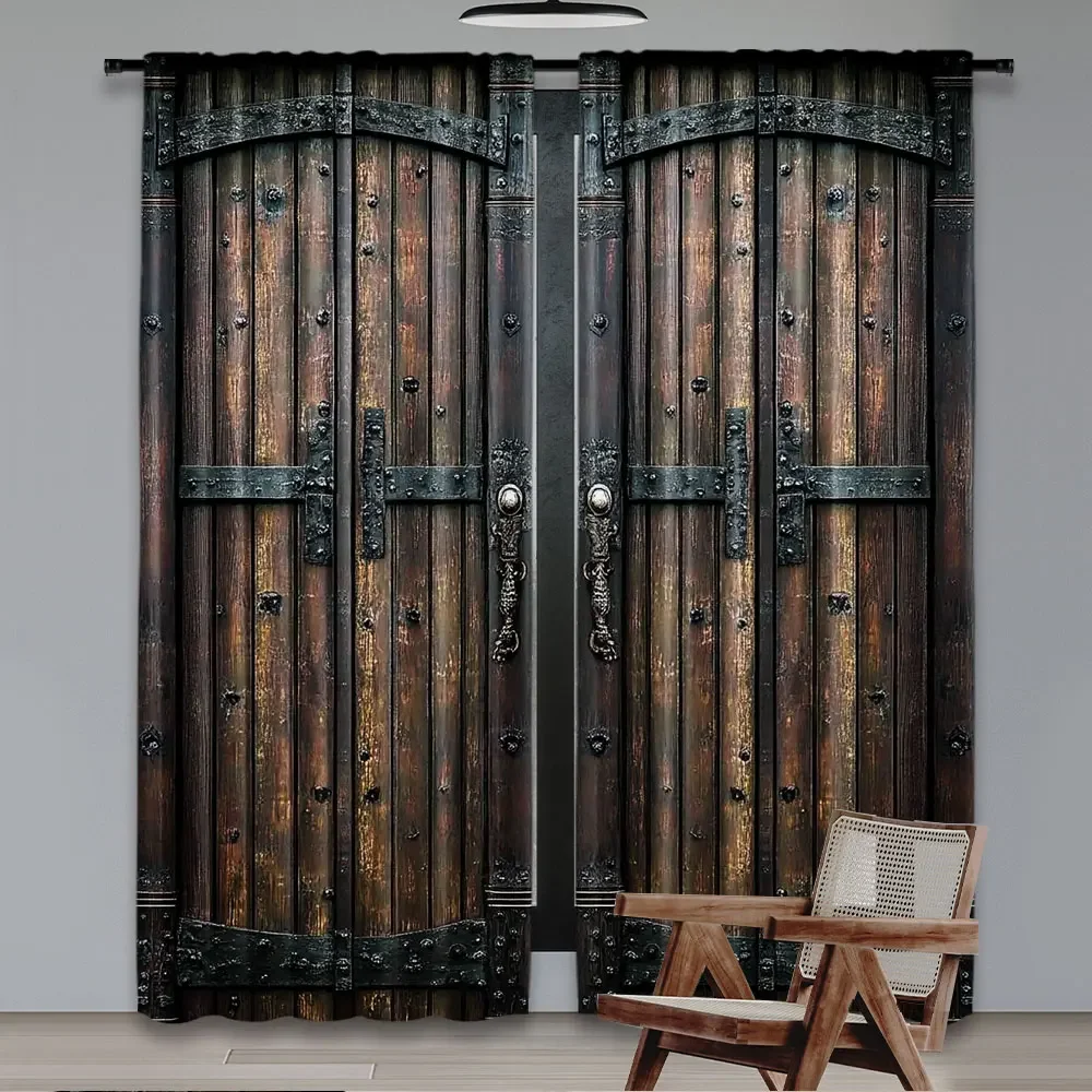 Rustic Farmhouse Style Double Sliding Barn Door Curtain Set Dark Wood Industrial Loft Window Dressing