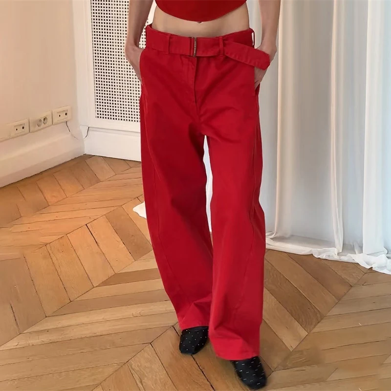 

Women's pants New pure cotton low waisted straight leg pants for summer 2025 Belt decoration wide leg pants y2k Women's jeans