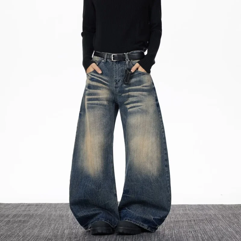 2026 Cyber Y2K Streetwear Vintage Distressed Blue Baggy Jeans Pants For Men Clothing Wide Leg Loose Denim Trousers Moda Hombre