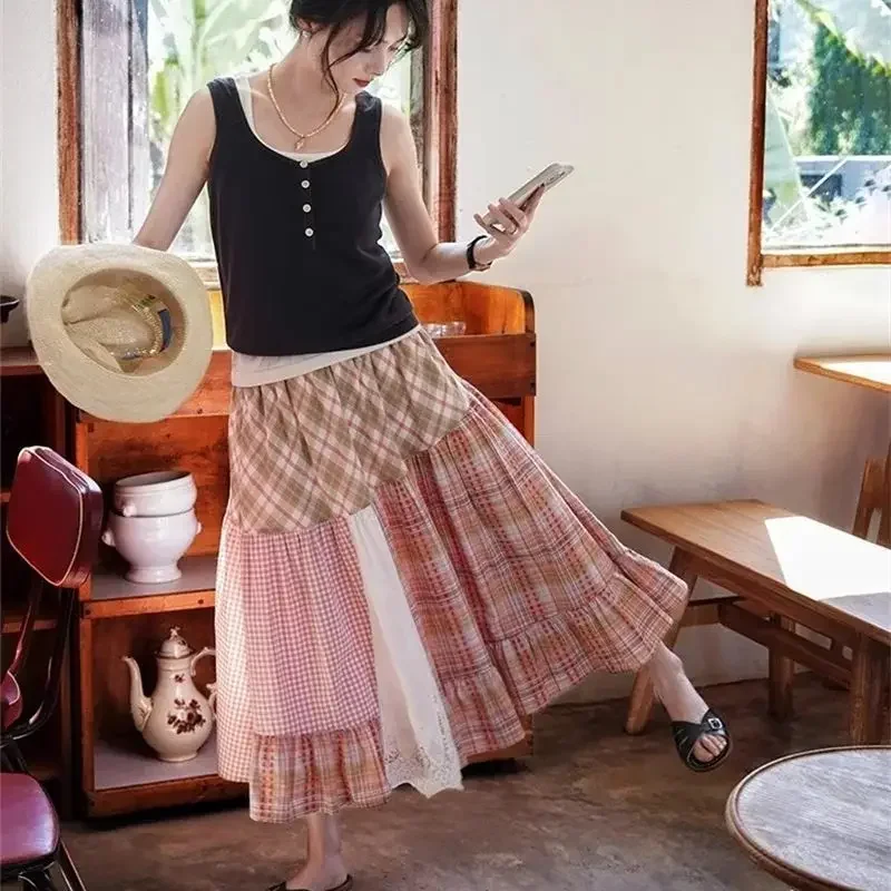 ใหม่ Elegant กระโปรงลายสก๊อตผู้หญิงฤดูร้อนลูกไม้ Patchwork A-Line เอวสูง Ruffled Vintage Midi กระโปรง Contrast สีเสื้อผ้า