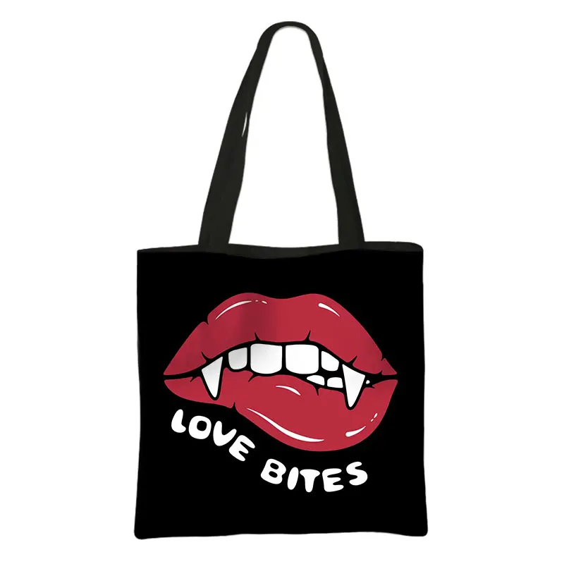 Vampire Bite / Kiss Print Totes Bag Red Lips Women Handbags Large Capacity Shoulder Bags for Travel Lady Beach Shopping Bag Gift