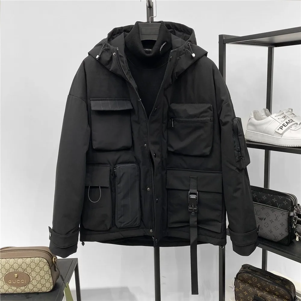 

Luxury Trendy Brand Men's Winter Padded Jacket Loose Fit Hooded Workwear Duck down Coat Multi-Pocket Warm Black Outerwear