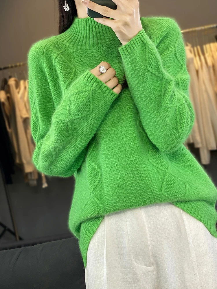 2024 New Autumn Winter Women Sweater Mock Neck 100% Pure Mink Cashmere Pullovers Knitwear Thick Warm Fashion Jumpers Clothing