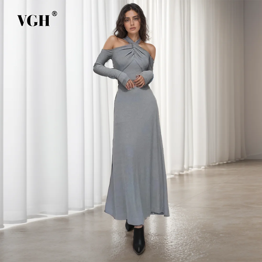 

VGH Hollow Out Solid Dresses For Women V Neck Long Sleeve Off Shoulder High Waist Knik Folds Fashion Dress Female Spring