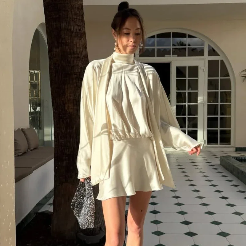 레이스업 우아한 새틴 드레스 여성 패션 섹시한 크루넥 루즈핏 긴팔 솔리드 스플라이싱 가을 숏 드레스 여성용