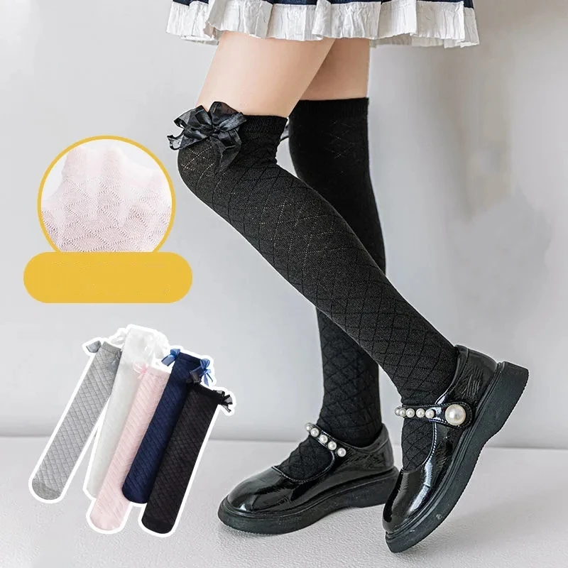 Spring Summer Light Breathable 1-12Y Old Baby Socks Diamond Plaid Hollow Stocking Sweet Style Cotton Girls Over-the-knee Stocks