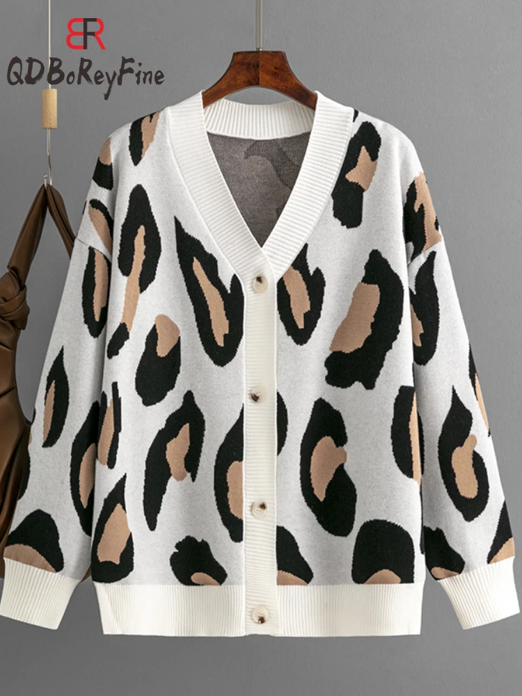 Leopard Printed Women Sweater Winter Autumn Office Ladies Long Sleeve Tops Korean Casual Knitted Oversized Cardigan for Women