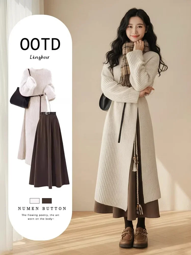 

plus Size Autumn Winter Korean Sle Knitted Long Coat And High Waist Skirt Women's Faion Two-Piece Set Casual Sle