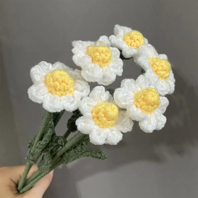 Buquês Artificiais em forma de coração, Artesanal, Flores de crochê, Rosa, Girassol, Tulipas, Decoração de Casamento, Presente de Aniversário, 1Pc