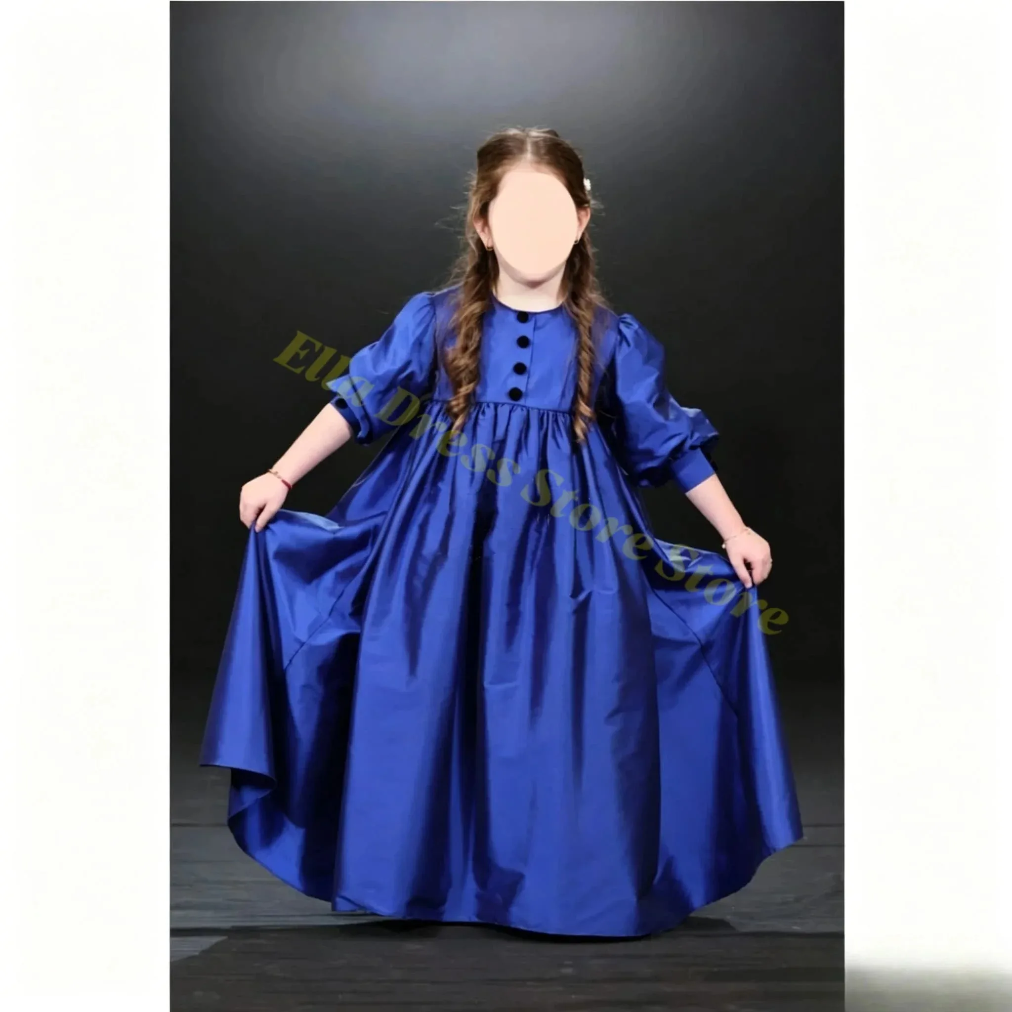 Großhandel Blaues Satin-Blumenmädchenkleid mit Puffärmeln für Hochzeit, 3/4 Ärmel, O-Ausschnitt, Erstkommunion, Kindergeburtstagskleid, Maßanfertigung – Detail 2