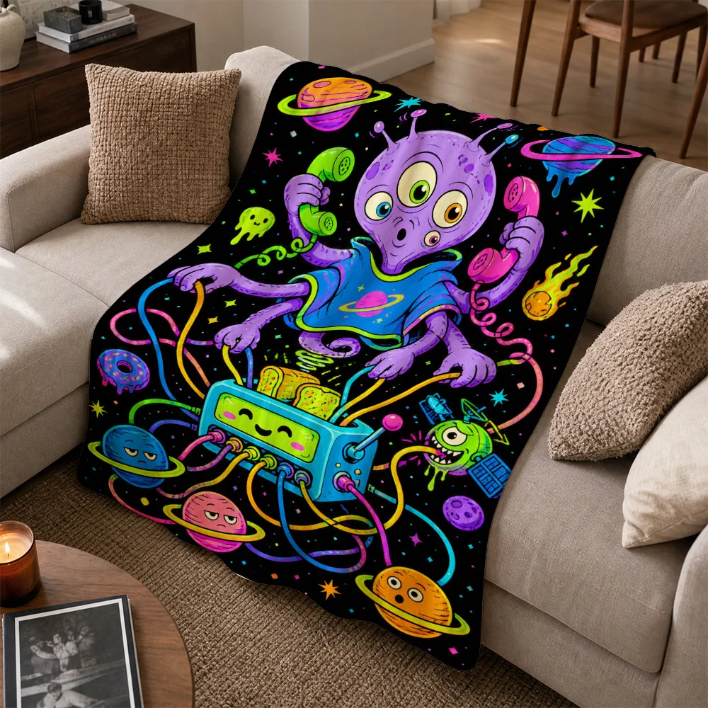Vibrant Neon Space Galaxy Alien Throw Blanket Couch Cover Retro Cosmic Pop Art Plush Fleece Sofa Decor Gift Idea for Living Room